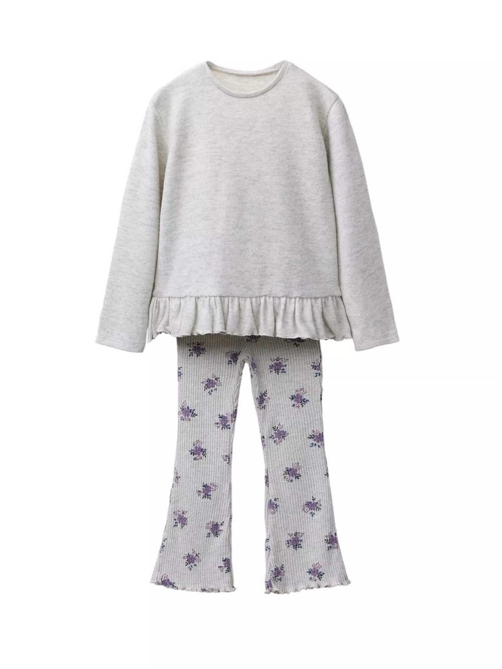 Zara Cream Ruffle-Hem Top & Cream Floral Purple Print Set